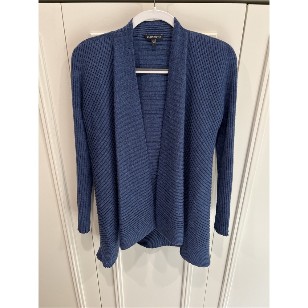 Eileen Fisher Merino Wool Cardigan Sweater Ribbed Blue Italian Yarn READ!